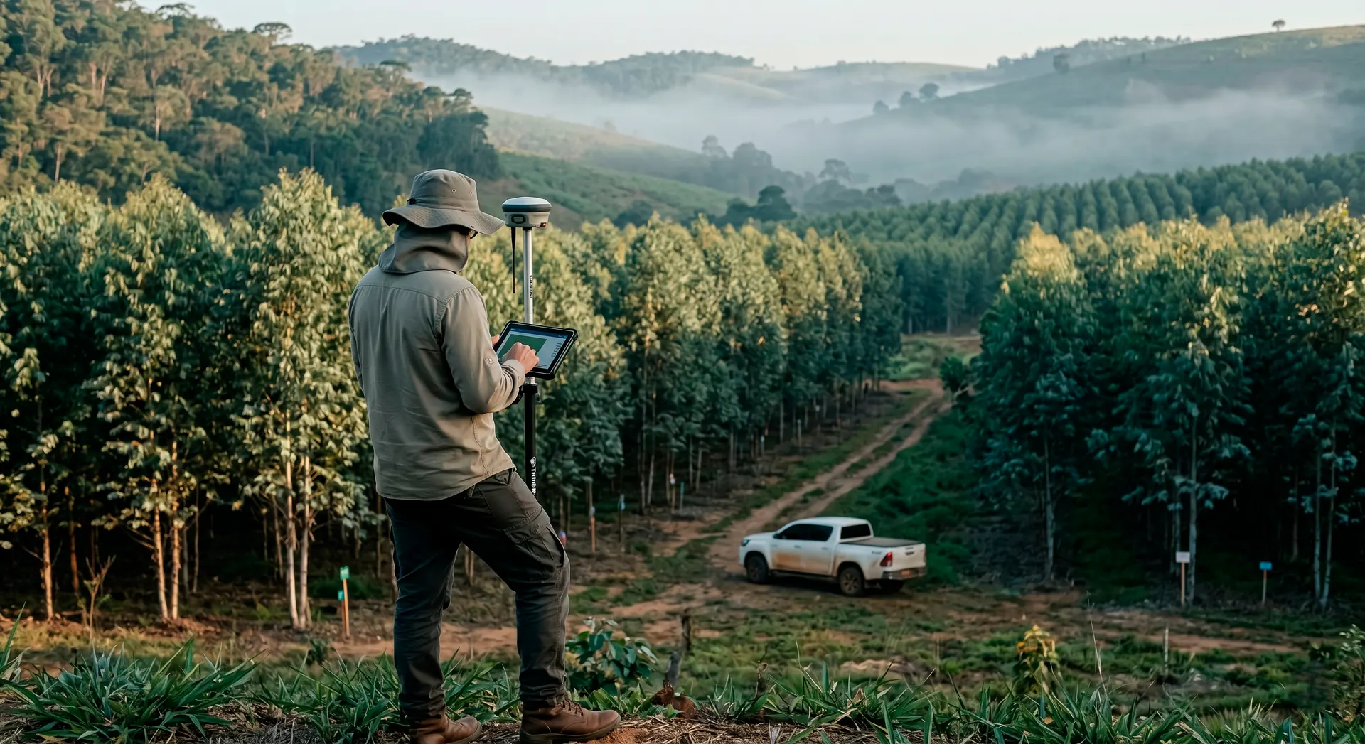 Equipe de agrônomos da BR Drones Agricultura em campo de silvicultura no sudoeste paulista